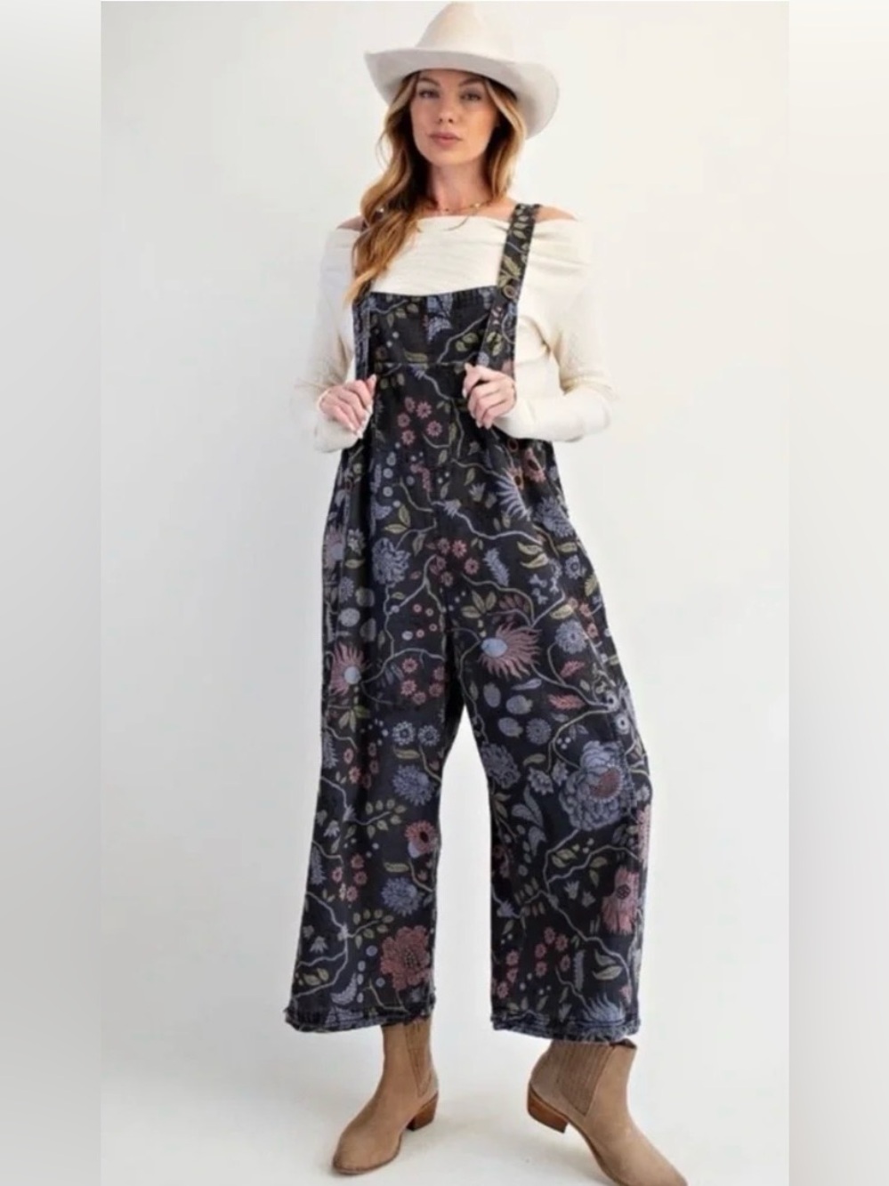 easel Floral Print Dark Overalls Jumpsuit